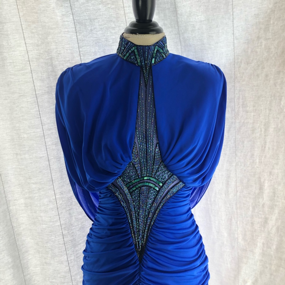 Vintage Sequin Neckline Ruched Shoulder Padded Midi Dress - Picture 2 of 15